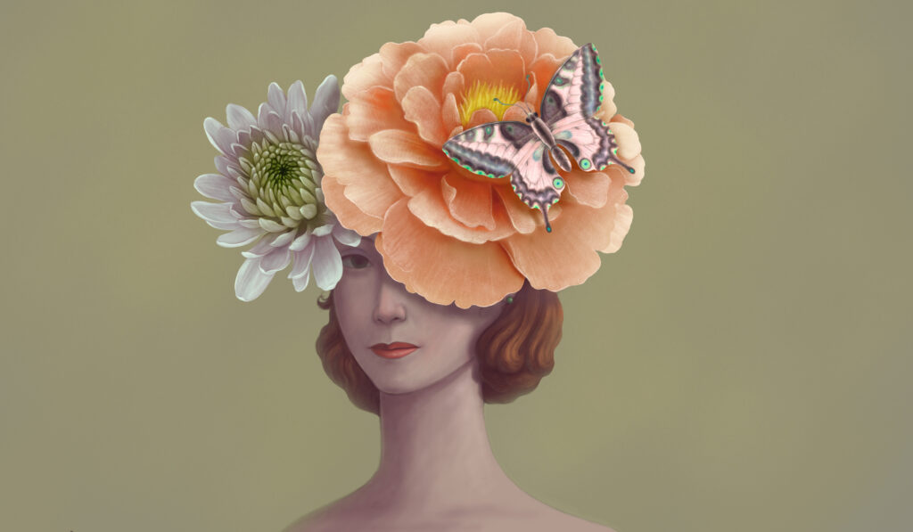 Flowers and butterfly on a women face. portrait artwork. concept art of nature and botanical. surreal painting.